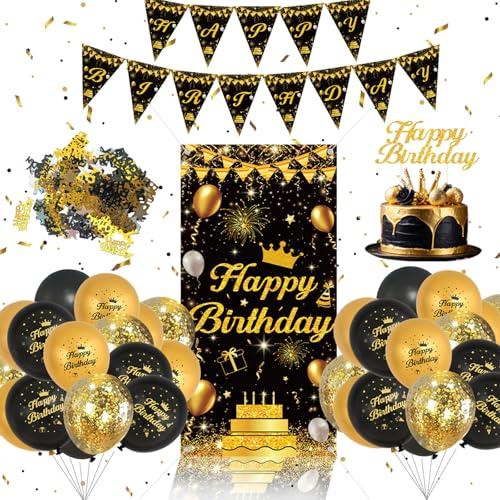 Schwarz Gold Geburtstagsdeko Set - Schwarz Und Gold Luftballons Geburtstag, Happy Birthday Banner, Happy Birthday Tortendeko, Geburtstag Dekorationen Für Männer Frauen, Schwarz Gold Party Deko Zubehör von QIFU