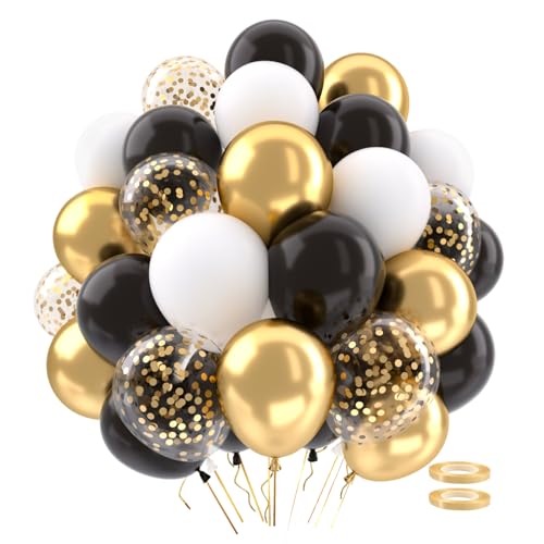 Luftballons Gold Schwarz,62 Stück Matellic Schwarze Goldene Weiße Konfetti Helium Luftballons Geburtstag Hochzeit, Schwarze Ballons Geburtstag, Hochzeit, Baby Party Deko, Geburtstagsdeko Schwarz Gold von QIFU