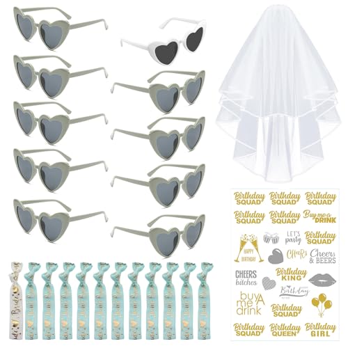 46 Stück JGA Brille Team Braut Armbänder, JGA Accessoires Frauen Bride to Be Frauen, Partybrille,10 Herz Sonnenbrille + 11Bride Armband+24 Bride Tattoo Aufkleber + 1 Schleier, für Bachelorette Party von QIGEEKU