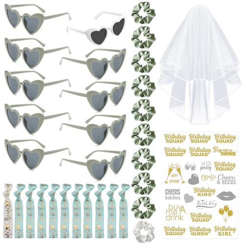 QIGEEKU JGA Brille Team Braut Haargummi, Bride Partybrille Herz Sonnenbrille, Jungesellinnenabschied Frau Accessoires,JGA Deko Accessoires (Grün) von QIGEEKU