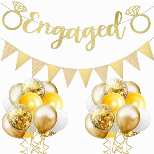 22 Stück Verlobungs-Party-Dekorationen mit Glückwunsch-Banner und goldenen Konfetti-Luftballons – Banner und Schilder, personalisierbar, goldene Wimpelkette für Verlobungsdekorationen, Hochzeit, von QIHONGC