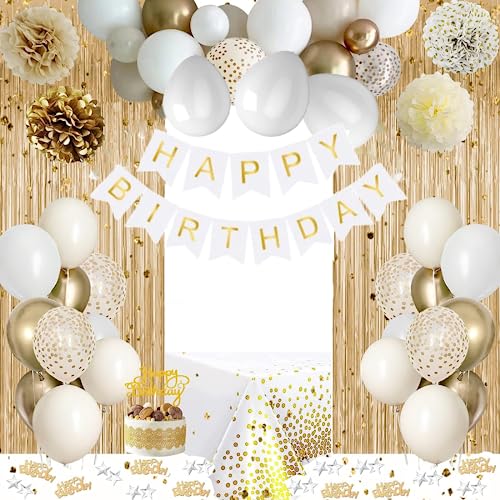 Weiße und goldene Party-Dekorationen für Mädchen und Frauen, sandweiß-goldene Geburtstagsdekorationen einschließlich Happy Birthday-Banner, Konfetti-Luftballons, Papier-Pompon-Blume, von QIHONGC