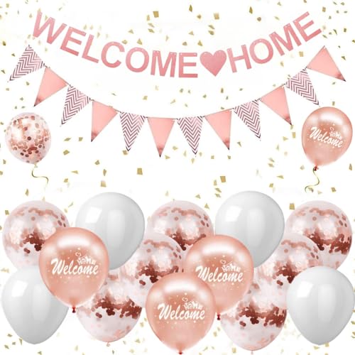 Willkommens-Heim-Dekorationen – rotgoldenes "Welcome Home"-Banner-Set mit rotgoldenen Luftballons, Willkommens-Home-Glitzer-Wimpelkette, Willkommens-Luftballons, Familienparty-Dekorationen von QIHONGC