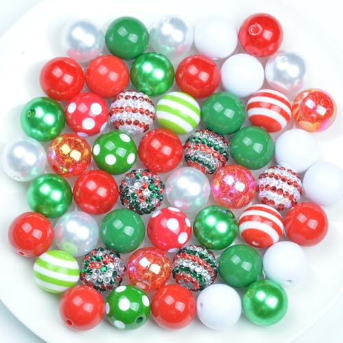 50-teiliges Weihnachts-Bubblegum-Perlen-Set für Stift, gemischte Strassperlen zur Schmuckherstellung, rotgrüne, klobige Perlen für Halsketten, Bastelarbeiten, Urlaubsdekorationszubehör (Weihnachten) von QIKAIDE