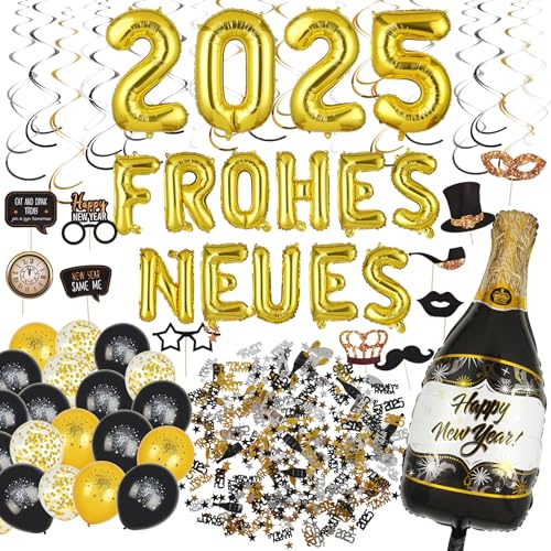 QILICZ Silvester deko 2025 XXL, Neujahr Silvester Dekoration set- XL “FROHES NEUES” Ballons Foto Requisiten,Flasche,Luftballons,2025 Anzahl Foil Ballons,Swirl,Konfetti zur Neujahrs-Party von QILICZ