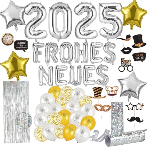 QILICZ Silvester deko 2025 silber,Neujahr Silvester Dekoration set - XL “FROHES NEUES”, Foto Requisiten,Luftballons,2025 Anzahl Foil Ballons,Lametta Vorhang,Luftschlangen zur Neujahrs-Party von QILICZ