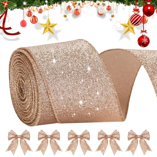 QIMENGJUN Glitzerndes Weihnachtsband, Rotgold, Drahtband zum Verpacken von Geschenken, dekoratives Geschenkband für Kranz, Basteln, Weihnachtsbaum und Hochzeitsdekorationen von QIMENGJUN