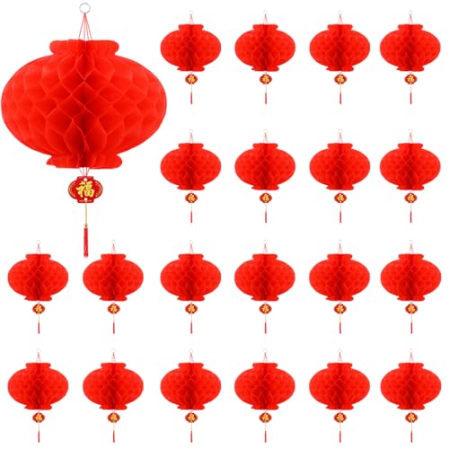 Chinesische Laternen,20 Stück Chinesische Lampions,20CM/7,9 Zoll Rote Laterne,Chinese New Year Decoration 2025,Rote Hängende Faltbare wasserdichte Papierlaterne für Chinesisches Neujahr Deko von QIMMU