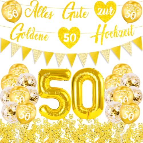 Goldene Hochzeit Deko,Luftballons Goldene Hochzeit 50,Alles Gute Goldene Hochzeit Banner,Deko Goldene Hochzeit 50,Goldene Hochzeit Girlande,Luftballon Zahl 50 Gold,Konfetti 50 Gold von QIMMU