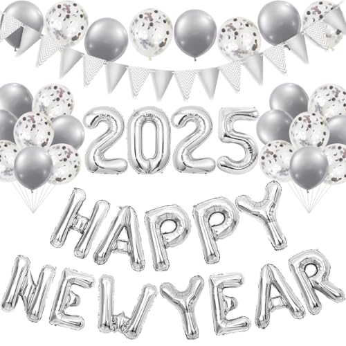 Happy New Year Deko 2025,Silvester Deko 2025,Deko Silvester Party Silber 2025,Happy New Year Folienballon Banner,Silber Konfetti Luftballons für Silvesterpartydeko Neujahrsdeko Accessoire von QIMMU