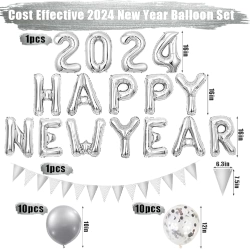 Happy New Year Deko 2024,2024 Luftballon,Silvester Deko 2024,Deko Silvester Party 2024,Happy New Year Folienballon Banner,Silber Konfetti Luftballons für Silvesterpartydeko Neujahrsdeko Accessoire von QIMMU