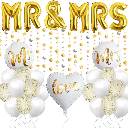 Mr Mrs Hochzeitsdeko,Luftballons Hochzeit,MR & MRS Foil Gold Ballons,Helium Ballons Hochzeit,Mr und Mrs Deko,Sterne Runde Girlande,Ballon für Brautpaar für Die Perfekte Hochzeitsfeier von QIMMU