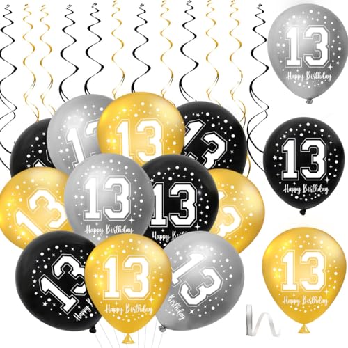 13. Geburtstag Luftballons,30 Stück Schwarz Gold Silber Happy 13. Geburtstag Latex Ballon,13. Geburtstag Party Dekorationen Luftballons für Jungen Mädchen 13. Geburtstag Dekor von QIMMU