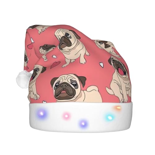 QIN&ZHENG Weihnachtsmütze mit lustigem Cartoon-Mops-Motiv, personalisierbar, für Erwachsene, Samt-Hut mit LED-Lichtern für Frauen von QIN&ZHENG