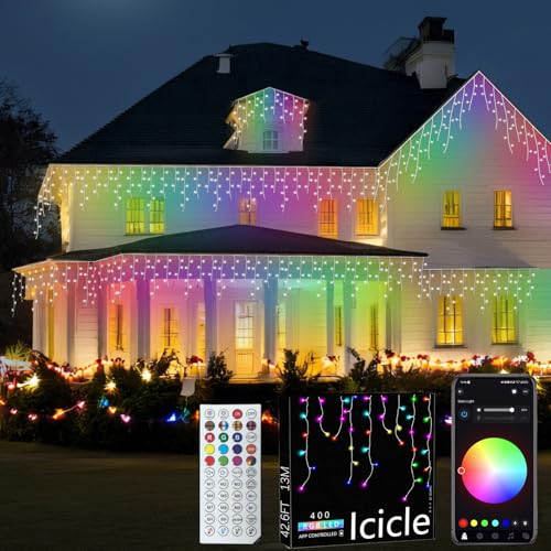 QINER Eisregen Lichterkette Außen, 13M 400 LED Lichterkette Eisregen, Lichterkette Multifunktion 40-Modi Erweiterbar lichterketten für Weihnachtsdeko Dach, Traufe, Balkon, Garten von QINER