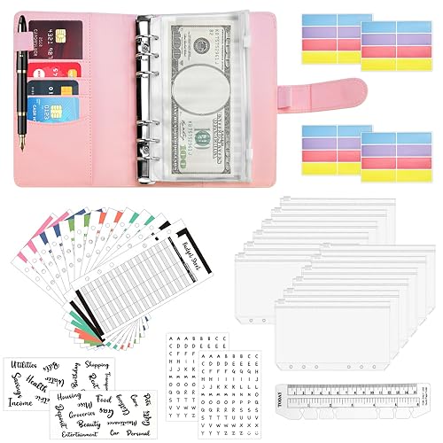 QINERSAW A6 Budget Binder Budget Planner Budgetplaner Geld Organizer Sparbuch Haushaltsplaner A6 Ringbuch Geld Sparen Mappe Finanzplaner mit 12 Geldumschläge 12 Budget Blätter 8 Aufkleber 1 Lineal von QINERSAW