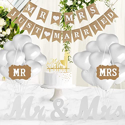 QINERSAW Vintage Hochzeitsdeko Set Deko Hochzeit Dekoration Holz Buchstaben Mr Mrs Deko Hochzeit Girlande Just Married Banner Stuhl Schild Mr&Mrs 20 Ballons Kuchendeko von QINERSAW