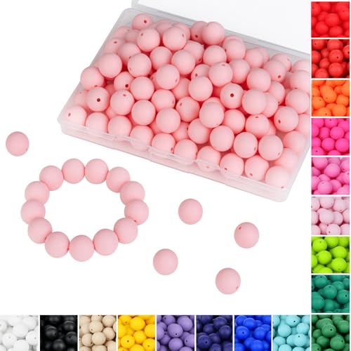 QINJIEJIE 120 Stück Bonbon-Pink-Perlen, 15 mm, rosa Silikonperlen für Schlüsselanhänger, Armbänder, Stifte, Halsketten, Fokusperlen, lose Gummi-Perlen, runde Silikonperlen zum Basteln (mit Box-Sets) von QINJIEJIE