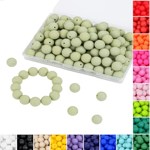 QINJIEJIE 120 Stück Matcha-grüne Perlen, 15 mm, grüne Silikonperlen für Schlüsselanhänger, Armbänder, Stifte, Halsketten, Fokusperlen, lose Gummi-Perlen, Silikonperlen zum Basteln (mit Box-Sets) von QINJIEJIE