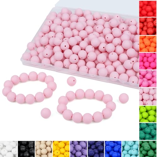 QINJIEJIE 120 Stück hellrosa Perlen, 15 mm, rosa Silikonperlen für Schlüsselanhänger, Armbänder, Stifte, Halsketten, Fokusperlen, lose Gummi-Perlen, Silikonperlen zum Basteln (mit Box-Sets) von QINJIEJIE