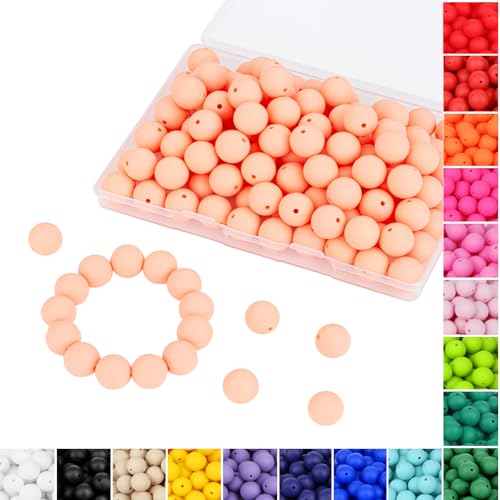 QINJIEJIE 120 Stück pfirsichrosa Perlen, 15 mm, rosa Silikonperlen für Schlüsselanhänger, Armbänder, Stifte, Halsketten, Fokusperlen, lose Gummi-Perlen, runde Silikonperlen zum Basteln (mit Box-Sets) von QINJIEJIE