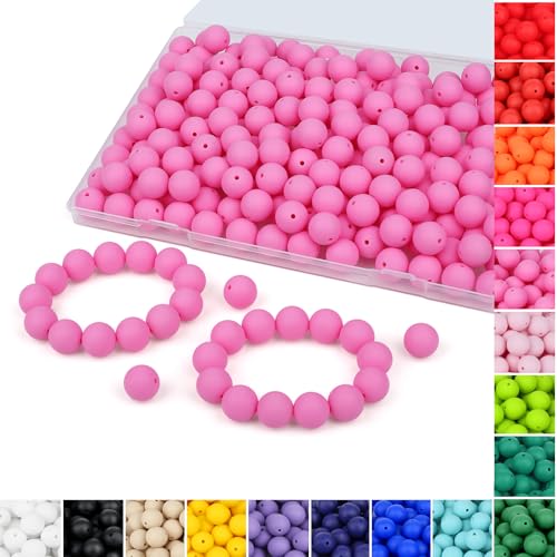 QINJIEJIE 120 Stück rosa Silikonperlen für Schlüsselanhänger, Armbänder, Stifte, Halsketten, Fokusperlen, lose Gummi-Perlen, runde Silikonperlen zum Basteln (mit Box-Sets) von QINJIEJIE