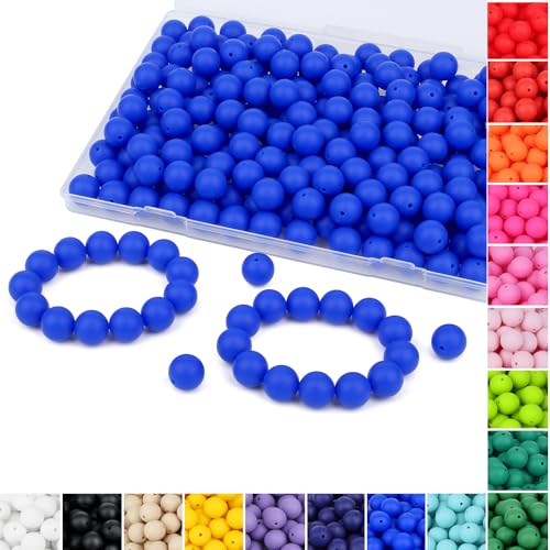 QINJIEJIE 120 Stück tiefblaue Perlen, 15 mm, blaue Silikonperlen für Schlüsselanhänger, Armbänder, Stifte, Halsketten, Fokusperlen, lose Gummi-Perlen, Silikonperlen zum Basteln (mit Box-Sets) von QINJIEJIE