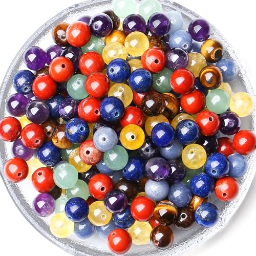 QINJIEJIE Natürliche 7 Chakra Mehrfarbig Perlen 105 Stück 8mm mit Loch Kristall Beads Perlen Edelsteine zum Auffädeln Basteln Mehrfarbig Naturstein Perlen für Armbänder Erwachsene DIY von QINJIEJIE