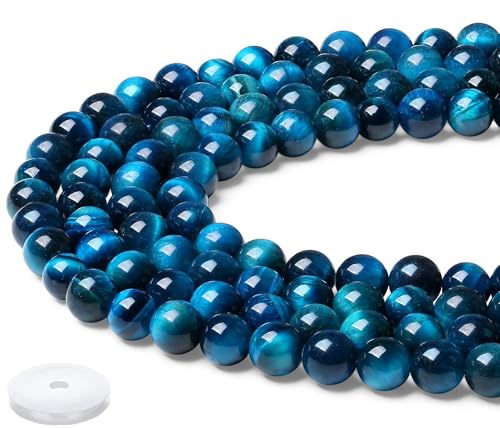 QINJIEJIE Natürliche Aquamarin Tigerauge Perlen 60 Stück 8mm Edelstein Perlen Zum Basteln Runde Kristall Beads Stein Perlen für Armbänder Erwachsene Halskette Ohrringe machen von QINJIEJIE