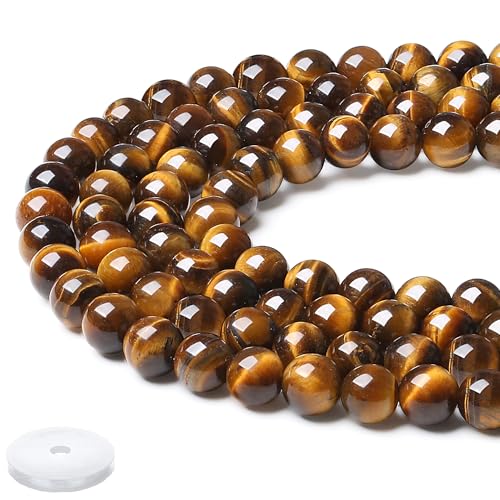 QINJIEJIE Natürliche Gelbe Tigeraugen Perlen 50 Stück 8mm mit Loch Kristall Beads Perlen Edelsteine zum Auffädeln Basteln Gelbe Naturstein Perlen für Armbänder Erwachsene DIY von QINJIEJIE