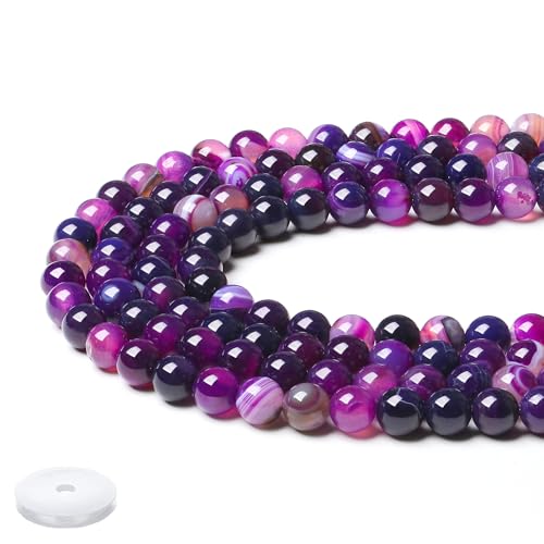 QINJIEJIE Natürliche Lila gestreifter Achat Perlen 50 Stück 8mm mit Loch Edelstein Perlen Zum Basteln Runde Kristall Beads Lila Perlen für Armbänder Erwachsene DIY Halskette Schmuckherstellung von QINJIEJIE