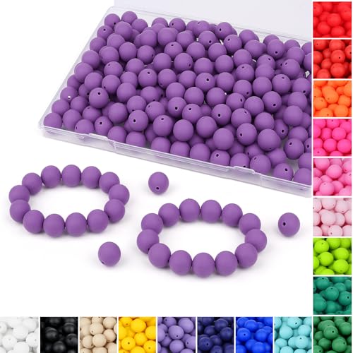 QINJIEJIE Violette Silikonperlen für Schlüsselanhänger, Armbänder, Stifte, Halsketten, Fokusperlen, lose Gummi-Perlen, runde Silikonperlen zum Basteln (mit Box-Sets), 120 Stück von QINJIEJIE