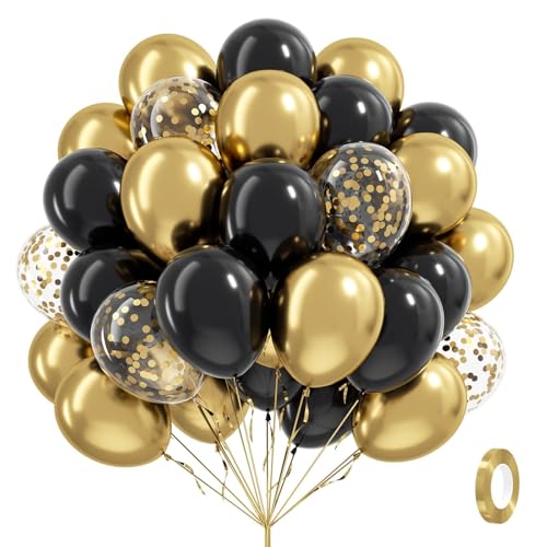 Luftballons Schwarz Gold mit Golden Konfetti Ballons, 60 Stück Luftballons Geburtstag, Gold Metallic Latex Ballons für Hochzeit Baby Shower Party Graduation Deko von QINQINZIJIN