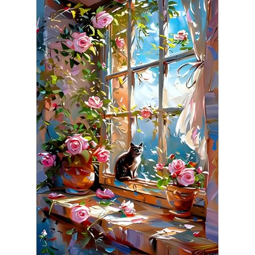 QINRUBB DIY Bunte Blumen Diamond Painting Erwachsene, 5D Blumen Diamant Painting Bilder Anfänger, Kitten Runder Vollbohrer Diamanten Malerei Stickerei Kreuzstich Geschenke Home Wand Dekor 30x40cm von QINRUBB