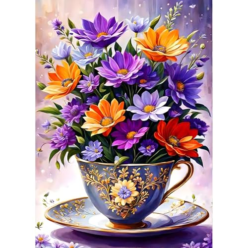 QINRUBB DIY Bunte Blumen Diamond Painting Erwachsene, 5D Tasse Diamant Painting Bilder Anfänger, Blumen Runder Vollbohrer Diamanten Malerei Stickerei Kreuzstich Geschenke Home Wand Dekor 30x40cm von QINRUBB