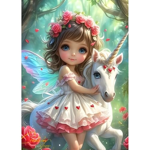 QINRUBB DIY Fee Einhorn Diamond Painting Erwachsene, 5D Engel Diamant Painting Bilder Anfänger, Traumland Runder Vollbohrer Diamanten Malerei Stickerei Kreuzstich Geschenke Home Wand Dekor 30x40cm von QINRUBB