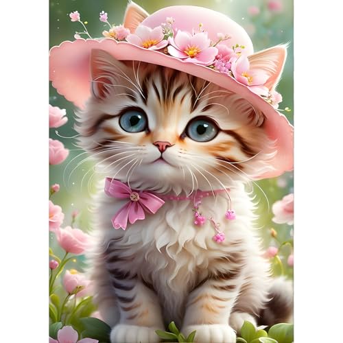 QINRUBB DIY Katze Dame Diamond Painting Erwachsene, 5D Blumen Diamant Painting Bilder Anfänger, Kätzchen Runder Vollbohrer Diamanten Malerei Stickerei Kreuzstich Geschenke Home Wand Dekor 30x40cm von QINRUBB