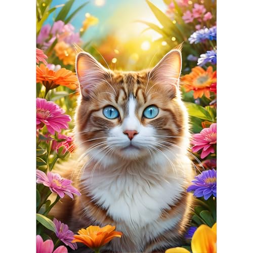 QINRUBB DIY Katze Diamond Painting Erwachsene, 5D Blumen Diamant Painting Bilder Anfänger, Sonnenschein Runder Vollbohrer Diamanten Malerei Stickerei Kreuzstich Geschenke Home Wand Dekor 30x40cm von QINRUBB