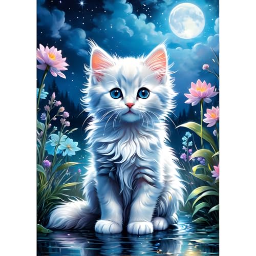 QINRUBB DIY Katze Diamond Painting Erwachsene, 5D Kätzchen Diamant Painting Bilder Anfänger, Mond Blumen Runder Vollbohrer Diamanten Malerei Stickerei Kreuzstich Geschenke Home Wand Dekor 30x40cm von QINRUBB