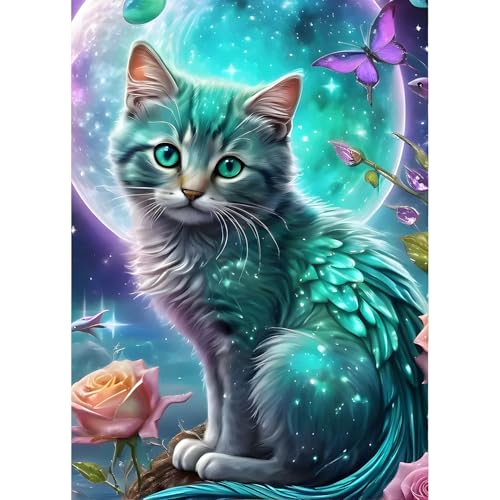 QINRUBB DIY Katze Diamond Painting Erwachsene, 5D Kätzchen Diamant Painting Bilder Anfänger, Mond Runder Vollbohrer Diamanten Malerei Stickerei Kreuzstich Geschenke Home Wand Dekor 30x40cm von QINRUBB