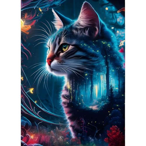 QINRUBB DIY Katze Diamond Painting Erwachsene, 5D Kätzchen Diamant Painting Bilder Anfänger, Wald Runder Vollbohrer Diamanten Malerei Fantasie Stickerei Kreuzstich Geschenke Home Wand Dekor 30x40cm von QINRUBB