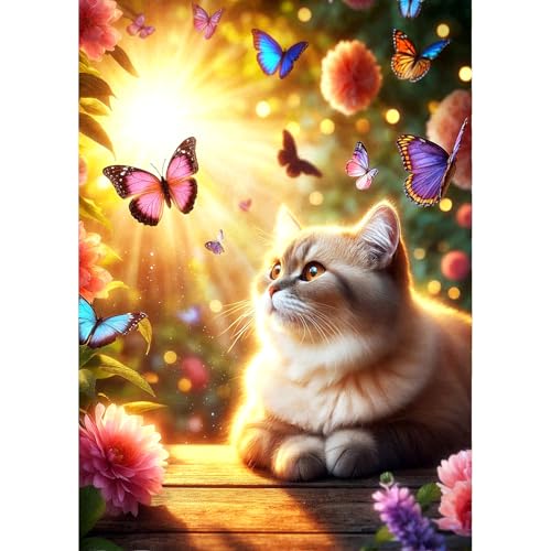 QINRUBB DIY Katze Diamond Painting Erwachsene, 5D Schmetterling Diamant Painting Bilder Anfänger, Sunset Runder Vollbohrer Diamanten Malerei Stickerei Kreuzstich Geschenke Home Wand Dekor 30x40cm von QINRUBB