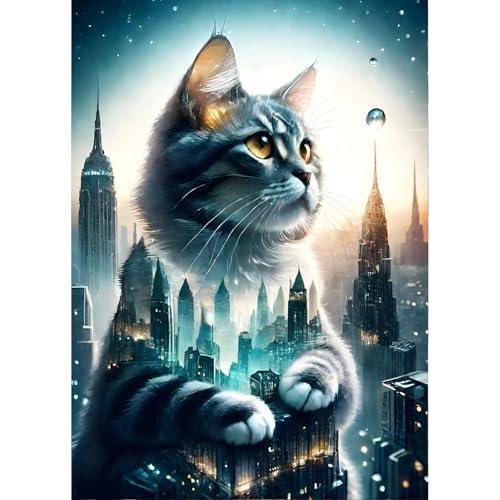 QINRUBB DIY Katze Diamond Painting Erwachsene, 5D Wolkenkratzer Diamant Painting Bilder Anfänger, Fantasie Runder Vollbohrer Diamanten Malerei Stickerei Kreuzstich Geschenke Home Wand Dekor 30x40cm von QINRUBB