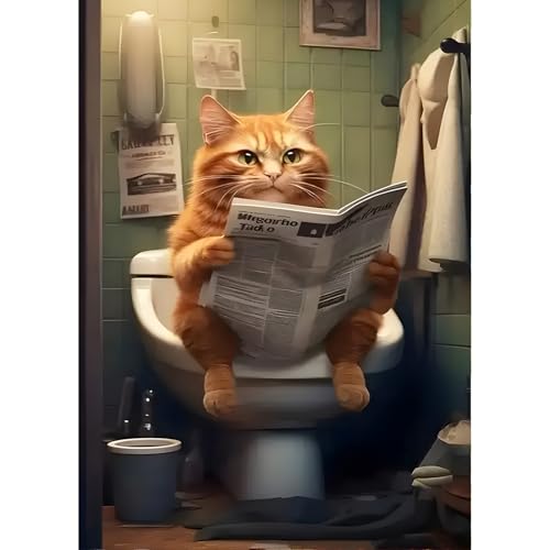 QINRUBB DIY Katze Liest Zeitung Diamond Painting Erwachsene, 5D Toilette Diamant Painting Bilder Anfänger, Runder Vollbohrer Diamanten Malerei Stickerei Kreuzstich Geschenke Home Wand Dekor 30x40cm von QINRUBB