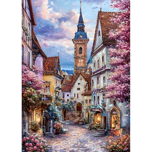 QINRUBB DIY Kirchen Diamond Painting Erwachsene, 5D Alte Stadt Diamant Painting Bilder Anfänger, Blumen Runder Vollbohrer Diamanten Malerei Stickerei Kreuzstich Geschenke Home Wand Dekor 30x40cm von QINRUBB