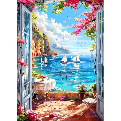 QINRUBB DIY Meereslandschaft Diamond Painting Erwachsene, 5D Blumen Diamant Painting Bilder Anfänger, Tür Runder Vollbohrer Diamanten Malerei Stickerei Kreuzstich Geschenke Home Wand Dekor 30x40cm von QINRUBB