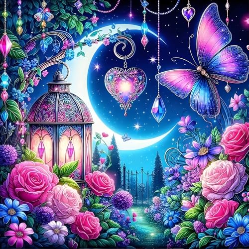 QINRUBB DIY Mond Diamond Painting Erwachsene, 5D Bunte Blumen Diamant Painting Bilder Anfänger, Runder Schmetterling Vollbohrer Diamanten Malerei Stickerei Kreuzstich Geschenke Home Wand Dekor 30x30cm von QINRUBB