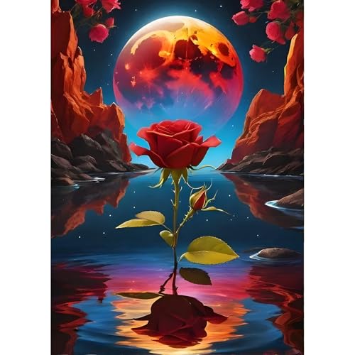 QINRUBB DIY Rosenblüten Diamond Painting Erwachsene, 5D Mond Diamant Painting Bilder Anfänger, Fantasie Runder Vollbohrer Diamanten Malerei Stickerei Kreuzstich Geschenke Home Wand Dekor 30x40cm von QINRUBB