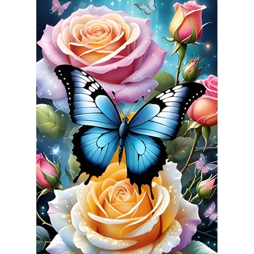 QINRUBB DIY Schmetterling Diamond Painting Erwachsene, 5D Rosen Diamant Painting Bilder Anfänger, Blumen Runder Vollbohrer Diamanten Malerei Stickerei Kreuzstich Geschenke Home Wand Dekor 30x40cm von QINRUBB