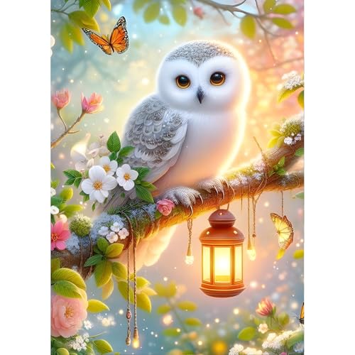 QINRUBB DIY Schnee-Eule Diamond Painting Erwachsene, 5D Blumen Diamant Painting Bilder Anfänger, Laternen Runder Vollbohrer Diamanten Malerei Stickerei Kreuzstich Geschenke Home Wand Dekor 30x40cm von QINRUBB